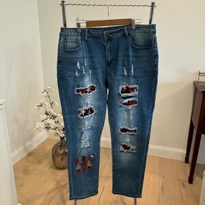 Christmas Jeans Stretchy, Red Snowflake Plaid Merry Christmas Embellishment 2XL